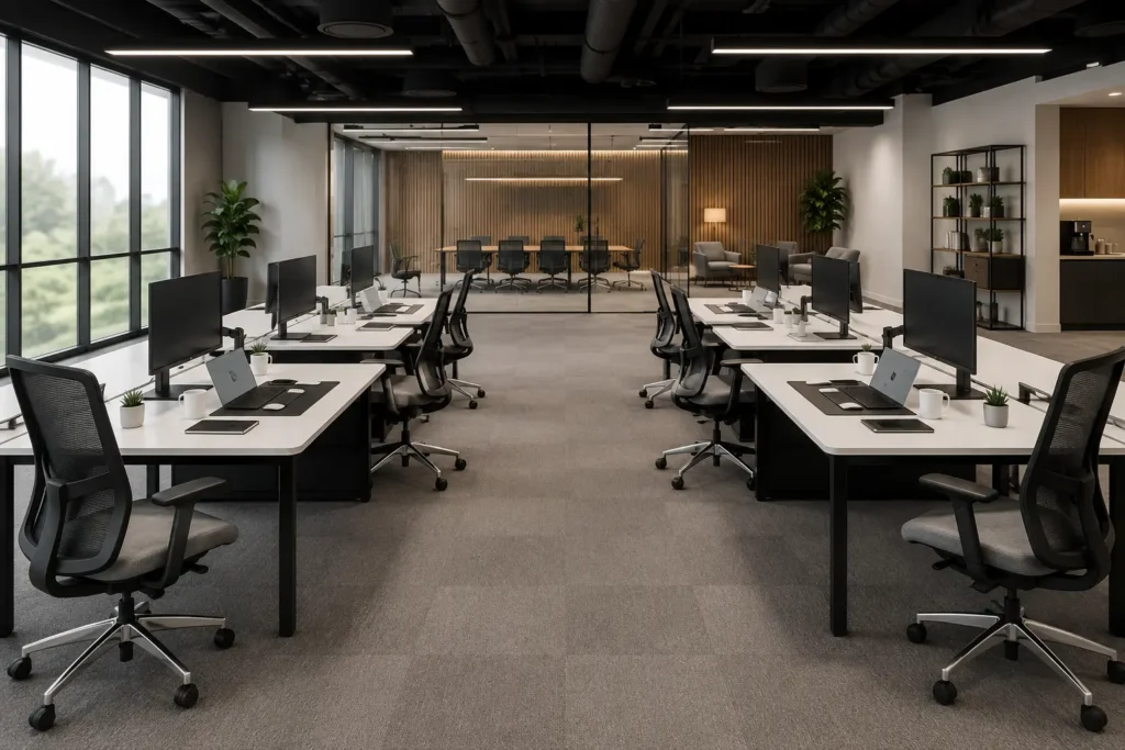 Bench-style collaborative office workstation layout with modular desks, ergonomic chairs, and spacious walkways for modern workplaces.