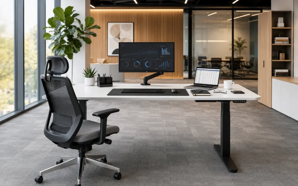 Ergonomic office workstation with adjustable chair, monitor, laptop, and organized desk setup for improved employee comfort.