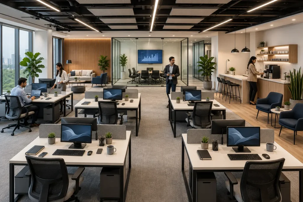 Premium modern collaborative office interior featuring modular workstations, ergonomic furniture, meeting spaces, and flexible workspace design.