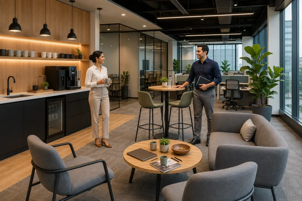 Modern office breakout area with coffee station, lounge seating, and collaborative meeting space for employees.