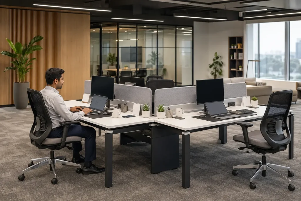 Modern modular office workstation with low privacy panels, ergonomic chairs, organized desks, and collaborative workspace design.