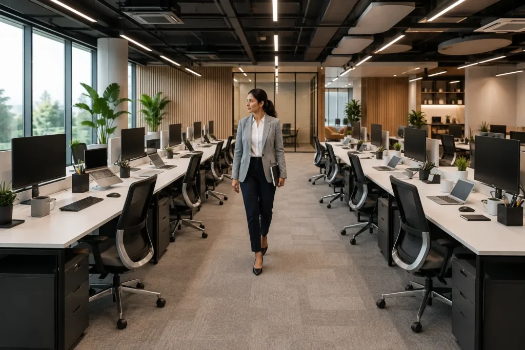 Modern office workstation layout featuring wide walkways between modular desks for smooth employee movement and improved workplace efficiency.